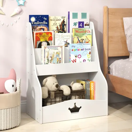White MDF Kids Bookshelf with 4-Tier Storage, Hidden Compartment and Safety Features {2}