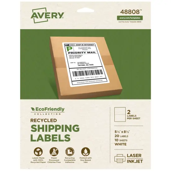 Avery EcoFriendly Recycled Shipping Labels, 5.5" x 8.5" Half-Sheet Labels, White, Permanent Adhesive, Laser & Inkjet Printers, 20 Printable Labels (48808) {1}