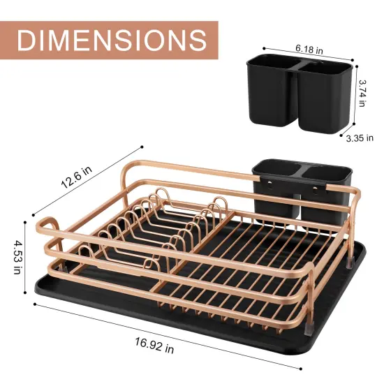 Smart Space-Saving Steel Dish Drying Rack with Removable Cutlery Holder & Drainer Tray &ndash; Anti-Slip Base &ndash; Compact for Apartments (16.92&rdquo;L x 12.4&rdquo;W) Gold {2}