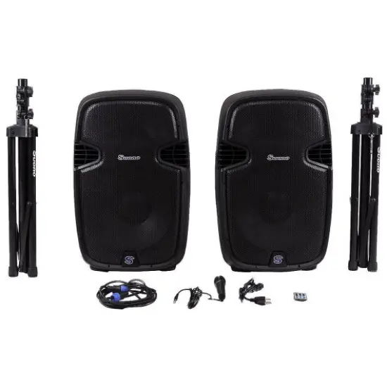 Active 2-Way 12 inches DJ Speaker Set with Wireless Remote, Stands and Microphone {3}