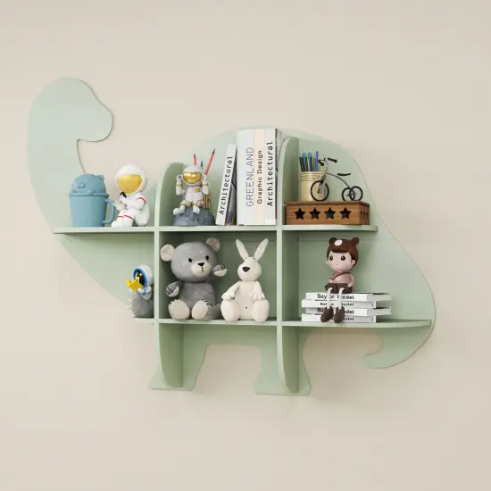 Green MDF Dinosaur Kids Bookshelf with Wall Mount, 2-Tier Storage and Safety Design {6}