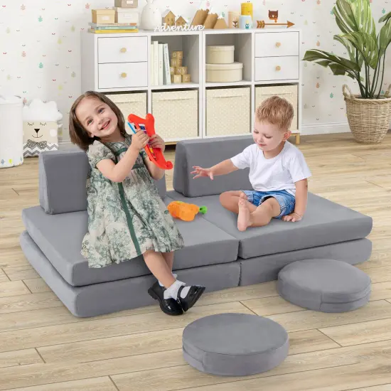 Grey 6 Pieces Modular Kids Play Couch Set with Velvet Covers Perfect Gift for Creative Kids {3}