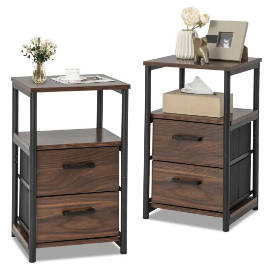 Bedside Table Set of 2 with Removable Fabric Drawers and Metal Frame-Walnut {4}