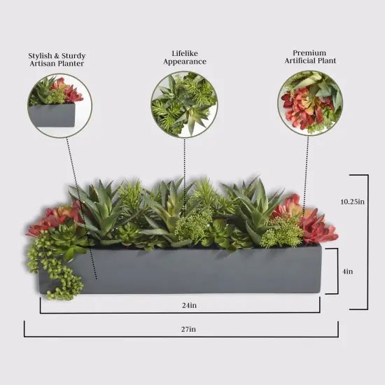 Faux Succulent Arrangement, Premium Artificial Indoor Plant Enhances Interior Design, Display on any Surface in Your Home Adding an Inviting Touch of Nature, Grey Planter Pot Included {4}