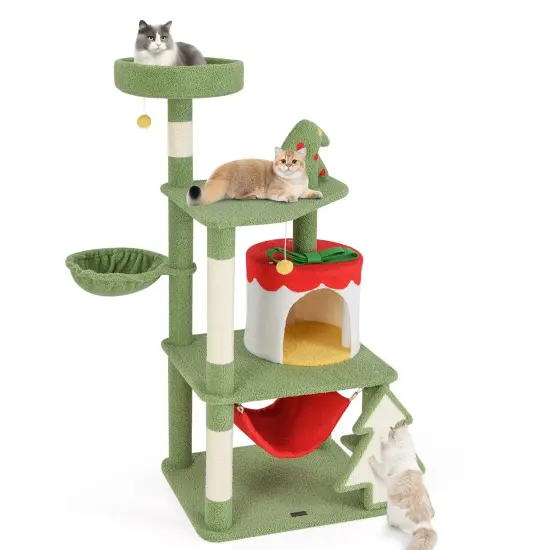 Green and Red Christmas Cat Tree with Condo, Scratcher and Hammock {4}
