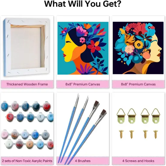 Flowers Girls Paint by Numbers Kit for Adults Framed - Acrylic Easy Paint by Numbers for Adults Beginner, DIY Paint by Numbers on Canvas for Home Wall Decor 8x8inch {3}