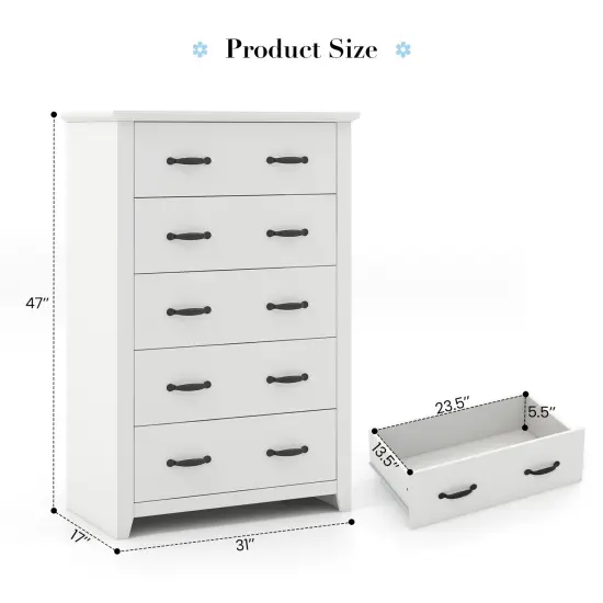 Tall Storage Dresser with 5 Slide Out Drawers and Smooth Metal Slide Rail Perfect for Any Room White {5}