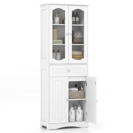 63 Inch Tall Freestanding Bathroom Storage Cabinet with 3-Position Adjustable Shelves and 2 Glass Doors White {4}