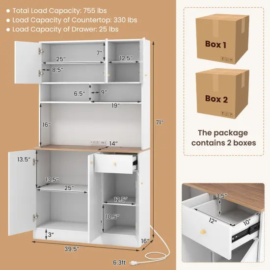 White MDF Engineered Wood Kitchen Pantry Cabinet with Power Outlets {5}