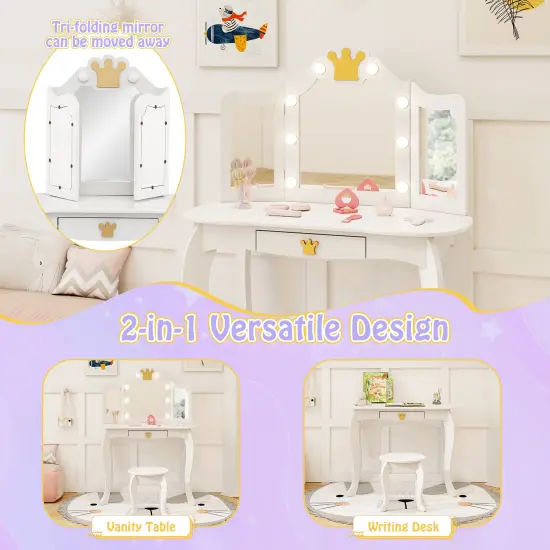 MDF and Acrylic Kids Vanity Set with Tri-Fold Mirror, LED Lights and Storage White {6}