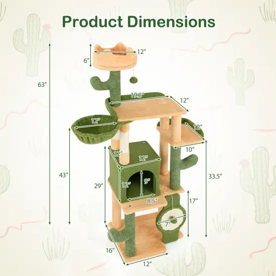 Green and Orange Cactus Cat Tree with Sisal Scratching Posts, Plush Perch and Condo {5}