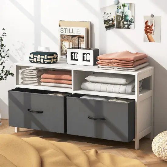 Gray White MDF 2 Drawer Dresser with Open Shelves and TV Stand Use {3}