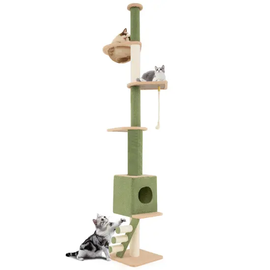 Adjustable Height Floor to Ceiling Cat Tree with 2 Full-Wrapped Sisal Scratching Posts and 3 Step Ladder {1}