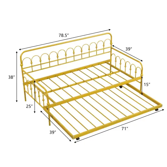 Golden Metal Daybed with Trundle, Lockable Wheels, and 330 lbs Load Capacity {5}