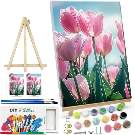 Paint by Numbers Kit for Adults with Frame DIY Flowers Paint by Number with Easel Tulips Acrylic Oil Painting Kits for Wall Hanging Home Room Decor 7.87x11.81 Inch {1}