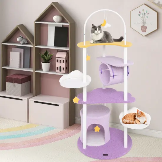 White and Purple Engineered Wood Cat Tree with Tunnel, Hammock and Toys {6}