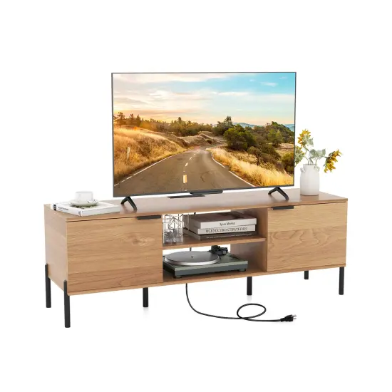 Natural Wood TV Stand with Charging Station, Storage, Metal Legs and Cable Management {4}