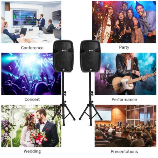 Black Iron and Plastic 2-Way Active Speaker System with Microphone and Stands {3}