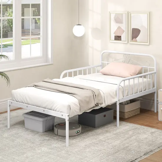 Twin Size Extendable Metal Daybed with Guardrails and Armrests White {1}
