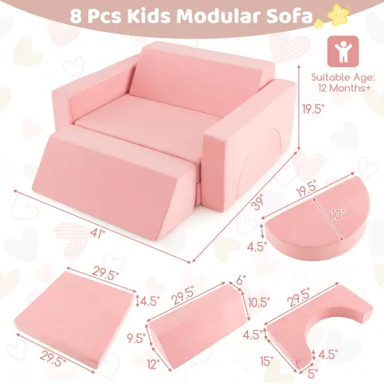 Suede Fabric Kids Modular Play Sofa and 8-Piece Play Couch with Soft Foam Pink {4}