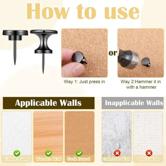 Metal Push Pins, 35 Pieces Large Double Headed Picture Hanging Nails and Black Thumb Tacks for Wall Cork Board Poster Hanging, Wall Pins Wall Tacks for Office Home Decor {3}