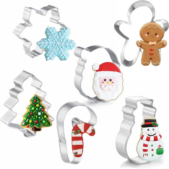 Large Christmas Cookie Cutters, 4" Holiday Cookie Cutters Shape with Recipe Instruction Gingerbread Men,Christmas Tree,Snowflake, Candy Cane,Santa Face and Snow Man for Baking {1}