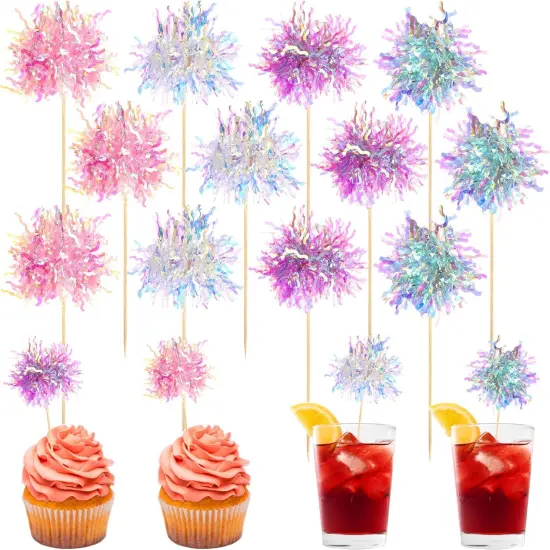120 Pcs Firework Cupcake Toppers Foil Frill Toothpicks Cake Decorations Sparkle Tinsel Cupcake Toppers Cocktail Picks Firework Par {3}