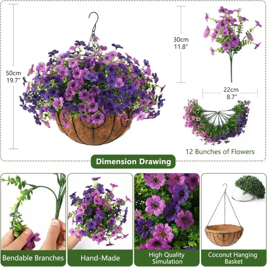 Artificial Faux Hanging Baskets Flowers Plants for Outdoor Spring Decoration {2}