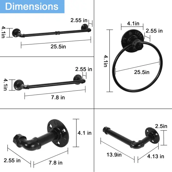 13-Piece Black Metal Wall-Mounted Bathroom Hardware Set - Industrial Towel Racks, Toilet Paper Holders, Hooks & Rings, No-Tool Assembly, Safe Design for Bathroom/Kitchen Storage {2}