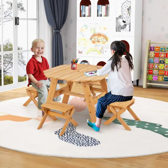 2-in-1 Convertible Kids Wooden Table Set with Umbrella Hole Perfect Gift for Your Kids Natural {2}