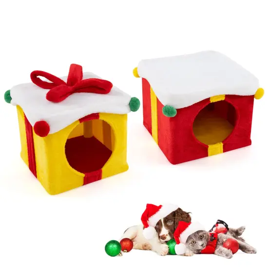2 Gift Box Shaped Cute Christmas Cat House with 2 Spacious Condos Ideal for Indoor Cat {4}
