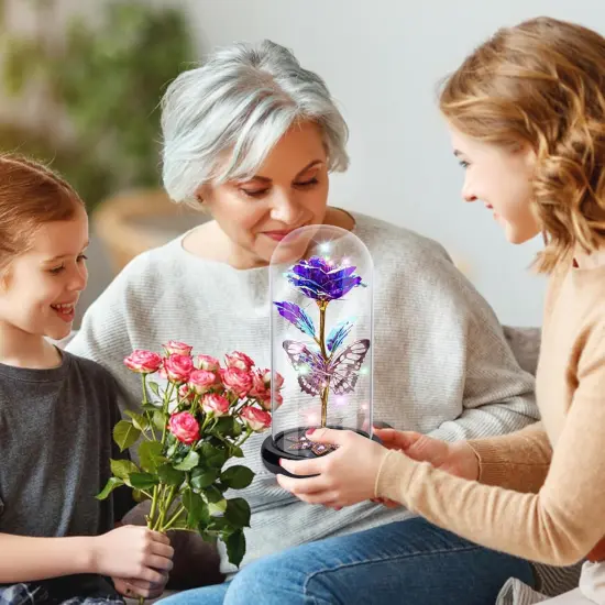 Mothers Day Rose Gifts for Mom, Galaxy Glass Rose Flower Gifts Forever Eternal Crystal Light Up Rose in Glass Dome with Butterfly Mother&rsquo;s Day Birthday Gifts for Women Mom Wife Daughter Sister Purple {5}