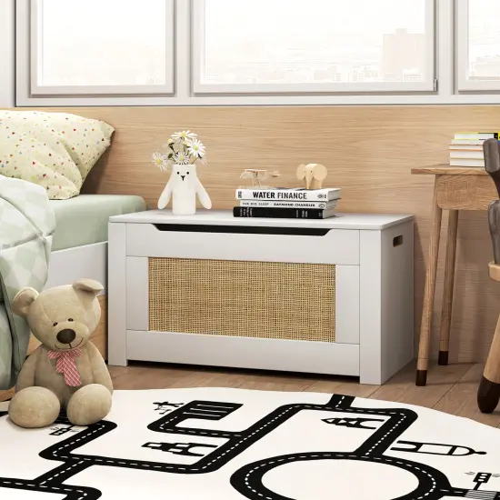 White-Natural MDF Rattan Toy Box with Flip Lid, Storage, and Bench Seat {3}