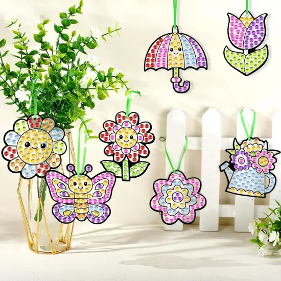 Spring Arts Activity Crafts DIY Spring Suncatcher Ornament Kits Butterfly Flower Gem Diamond Art Craft with Gemstone Stickers and Ribbons for Home Party Decor School Classroom Activities {5}