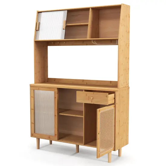 69 Inch Wine Bar Kitchen Cabinet with Sliding Tempered Glass and Rattan Door-Natural {1}