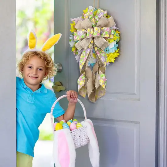 Large Easter Wreath Bows for Front Door, Flaxen Burlap Bows Easter Eggs Bow Holiday Spring Tree Topper Bows for Wreath Wall Window Easter Decorations {5}