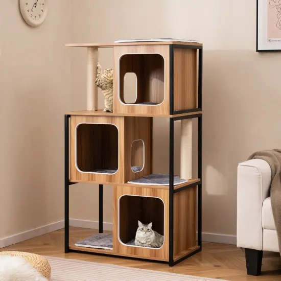 Natural Gray Engineered Wood Multi-Level Cat Tower with Metal Frame {2}