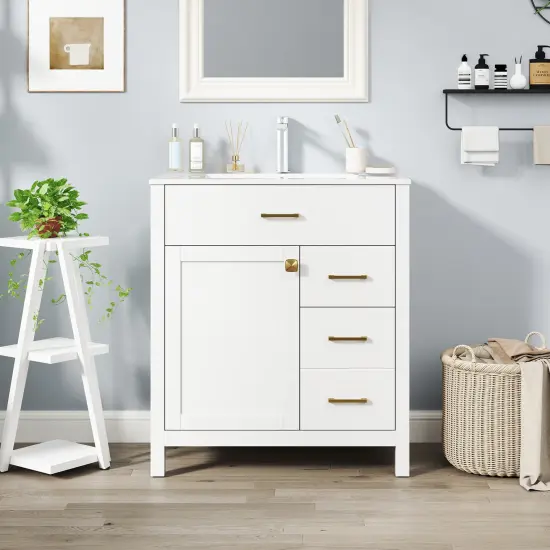 White MDF Bathroom Vanity with Ceramic Sink and Storage {3}