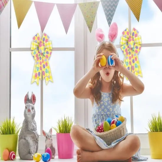 2PCS Easter Wreath Bows, Spring Easter Yellow Bows for Wreath Easter Eggs Wreath Bows Easter Bows for Front Door Spring Dot Tree Bows for Indoor Outdoor Decor {4}