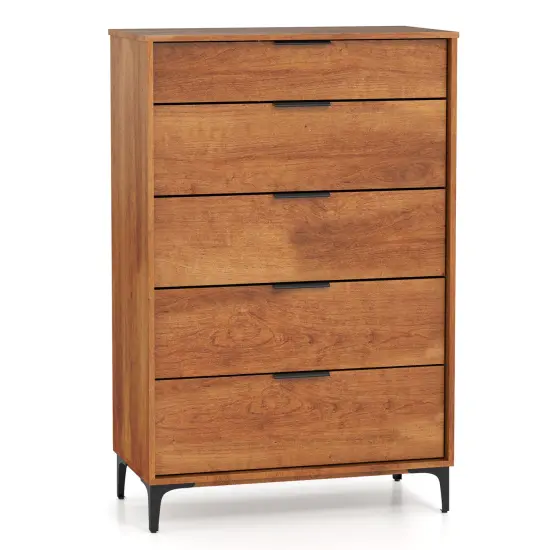 Cherry MDF 5 Drawer Dresser with Metal Legs and Anti Tipping Kit {1}