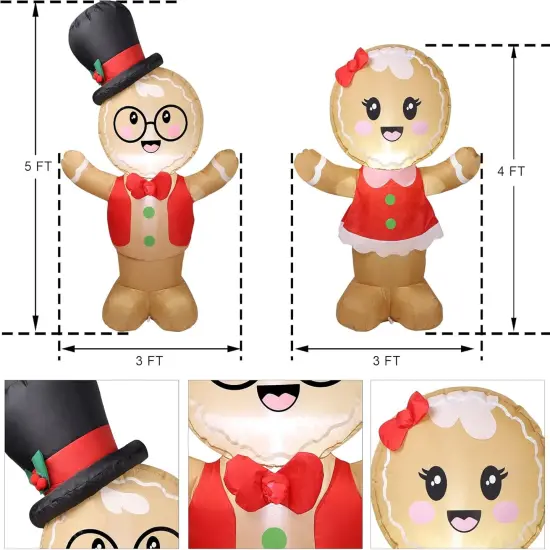 Christmas Inflatable Decoration, 5FT Set of 2 Blowup Welcome Gingerbread Man Couple, Adorable Xmas Inflatable Ginger Bread Man for Winter Holiday Garden Yard Lawn Outdoor Indoor Decor {2}