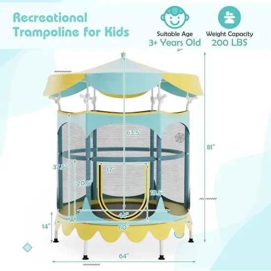Kids Trampoline with Detachable Canopy, Safety Net, Zipper Door and Foam Padding Yellow {3}