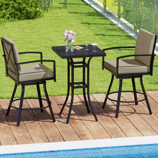 3 Pieces Patio Swivel Bar Set Included Square Table and 2 Stools With Metal Frame and Umbrella Hole {6}