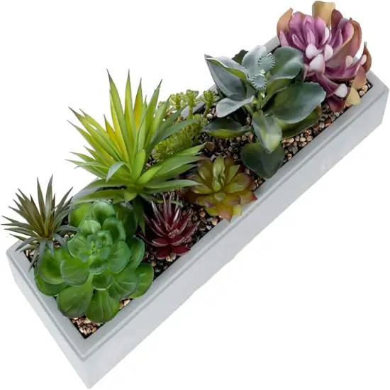 15 Inch Mixed Color Assorted Artificial Succulent Plant Arrangement in Modern Gray Clay Planter Tray {1}