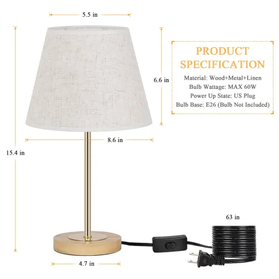 Set of 2 Wooden Bedside Table Lamps with Linen Shade &ndash; Modern Desk Lamps for Bedroom, Office, Nursery &ndash; UL Certified, Warm Eye-Caring Light, Compact 15.4" Height {2}