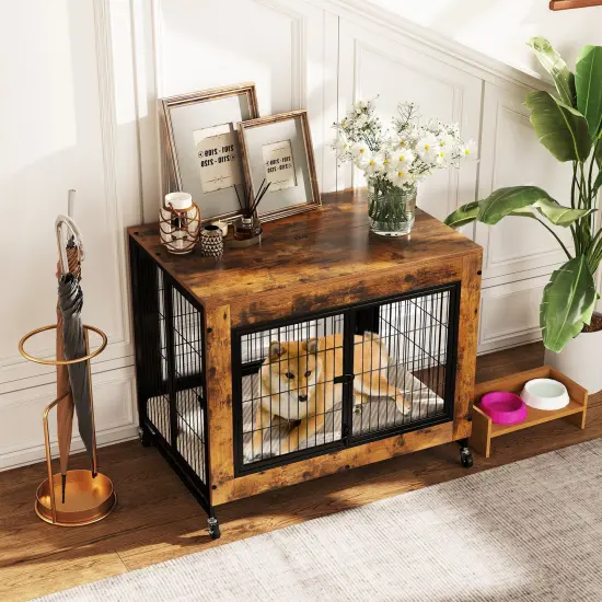 Rustic Brown Flip-up Top Dog Kennel with Removable Tray and 3 Lockable Doors {2}