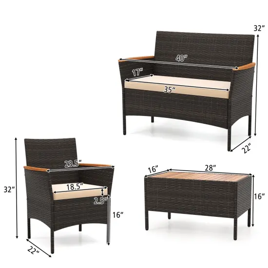 4 Piece Patio Wicker Metal Frame Conversation Set with 2 Rattan Chairs and Loveseat {5}