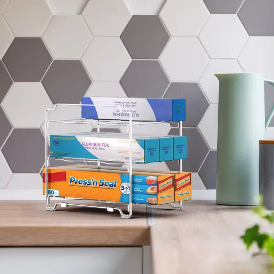 Upgraded Kitchen Wrap Organizer Rack - Non-Slip, Stackable Foil & Plastic Wrap Storage for Cabinets/Countertops - Space-Saving Design (7.7"L x 9.5"W x 9.4"H) White {5}