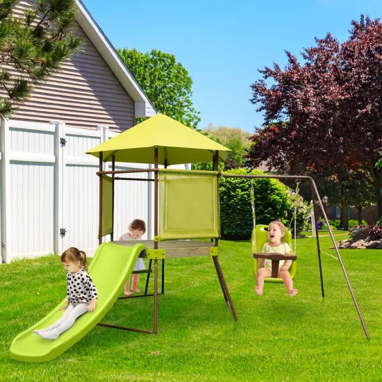 Green 4-in-1 Kids Swing Set with Slide, Adjustable Seat, Playhouse and Canopy {2}