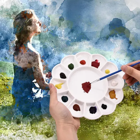 13-Well Ceramic Paint Palette Porcelain Paint Palette Tray Artist Watercolor Mixing Palette for Acrylic, Watercolor, Gouache Painting, Round {5}
